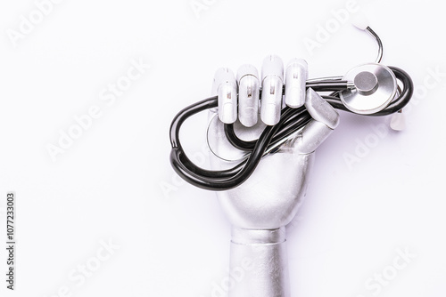 Silver metallic robot hand with medical stethoscope on white backgroond close up. AI and smart technologies in medicine and diagnostic concept.