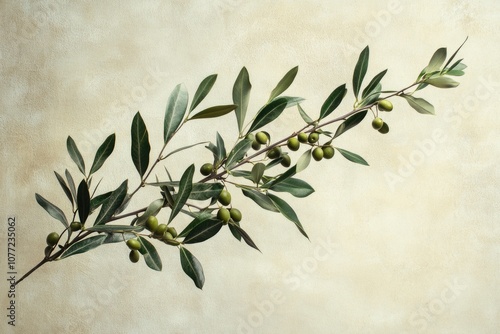 A natural scene featuring a branch of olives with green leaves against a beige background, suitable for use in designs related to nature and the outdoors photo