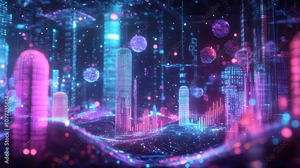 Fototapeta premium Futuristic Neon Cityscape with Glowing Towers and Data Streams