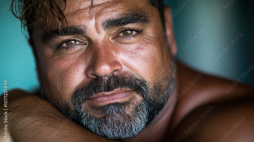 Obraz premium A close up of a man with a beard and no shirt