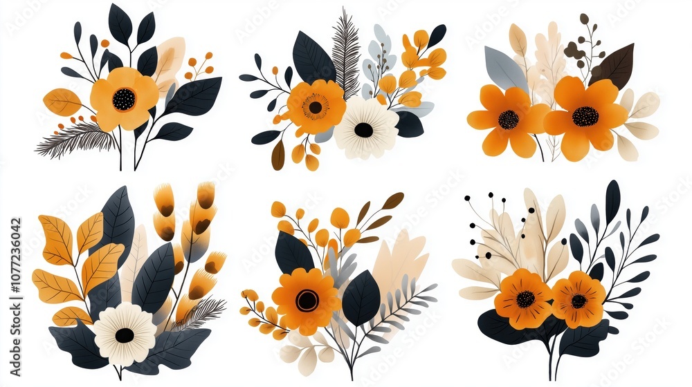 Obraz premium Collection of floral compositions with orange, black, and beige flowers and leaves in an abstract style, showcasing various arrangements and botanical elements on a white background.