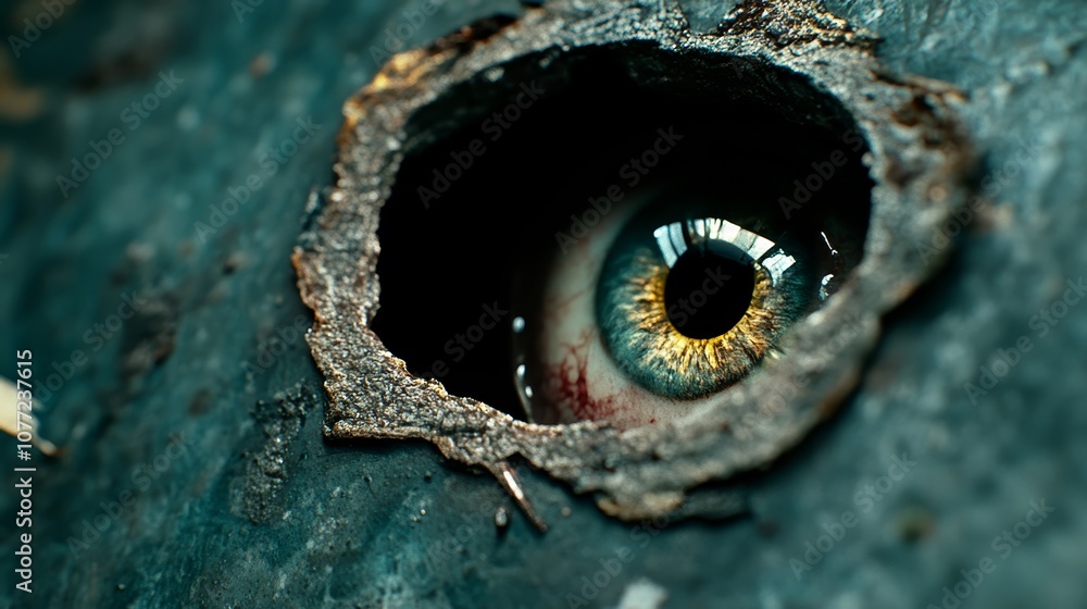 Fototapeta premium A close up of a person's eye looking through a hole in a metal surface
