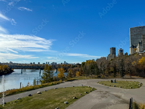 Edmonton, Alberta - October 13, 2024: Views of the Edmonton skyline seen from below along the pathways along the North Saskatchewan River 