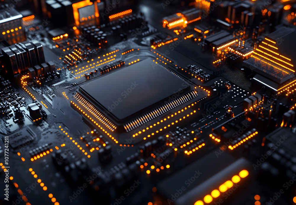 Fototapeta premium A close-up of a glowing electronic circuit board featuring a central microchip, illuminated with intricate orange lights on a dark surface. The detailed circuitry emphasizes innovation and modern tech