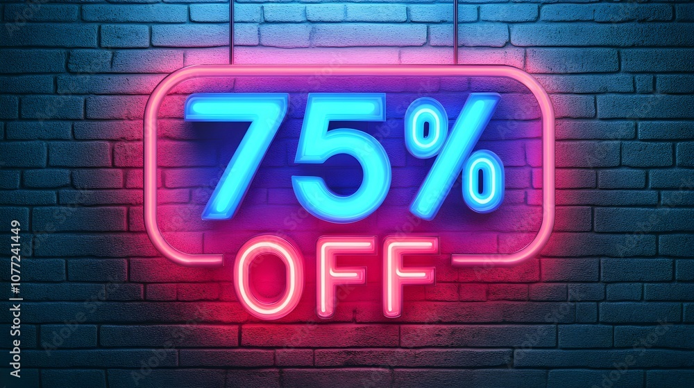 Fototapeta premium Multicolor Neon '75% OFF' Sign on a Brick Wall