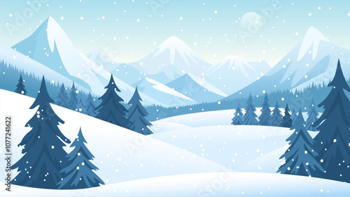 Beautiful winter mountain landscape. Beautiful view of the mountains against the backdrop of the forest. Vector illustration for Christmas, New Year or sports design. Snowy day in nature.