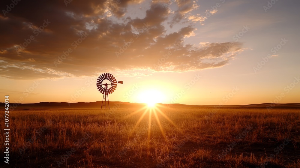 Naklejka premium A windmill in the middle of a field at sunset