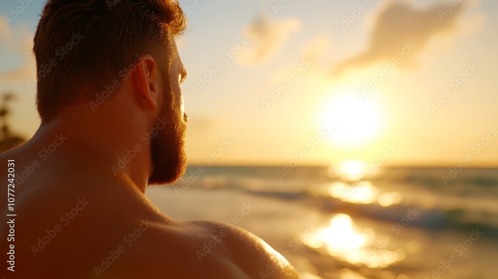 Fototapeta premium A man with a beard standing on the beach at sunset