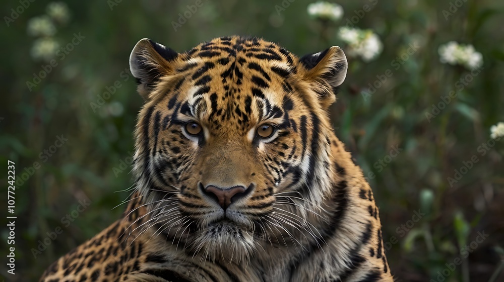 Obraz premium Close-up portrait of a tiger with intense gaze and prominent whiskers