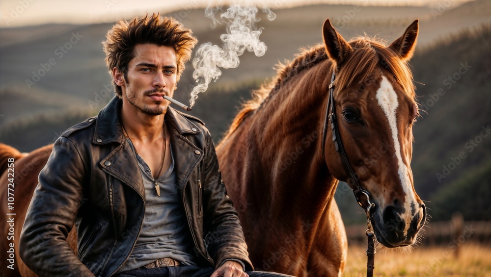 Obraz premium A charismatic man with a rebellious aura, a messy hairstyle, and rides a horse.