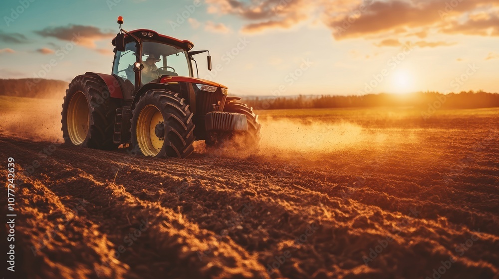 Obraz premium Red Tractor Moving Through A Field At Sunset