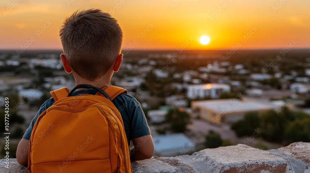 Fototapeta premium A young boy with a backpack looking out over a city at sunset