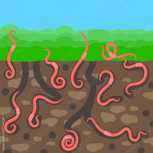 Vector Animal Earth Red Worms for Fishing and Green Plant with Leaves.