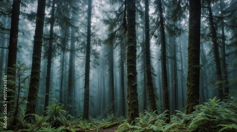 Fototapeta premium Misty Pine Forest with Sunlight Filtering Through Trees and Lush Ferns