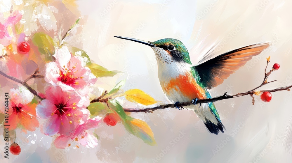 Fototapeta premium A painting of a hummingbird sitting on a branch with flowers
