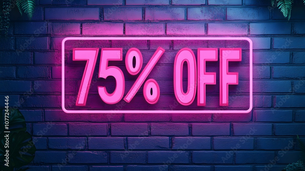 Obraz premium Pink Neon '75% OFF' Sign on a Brick Wall