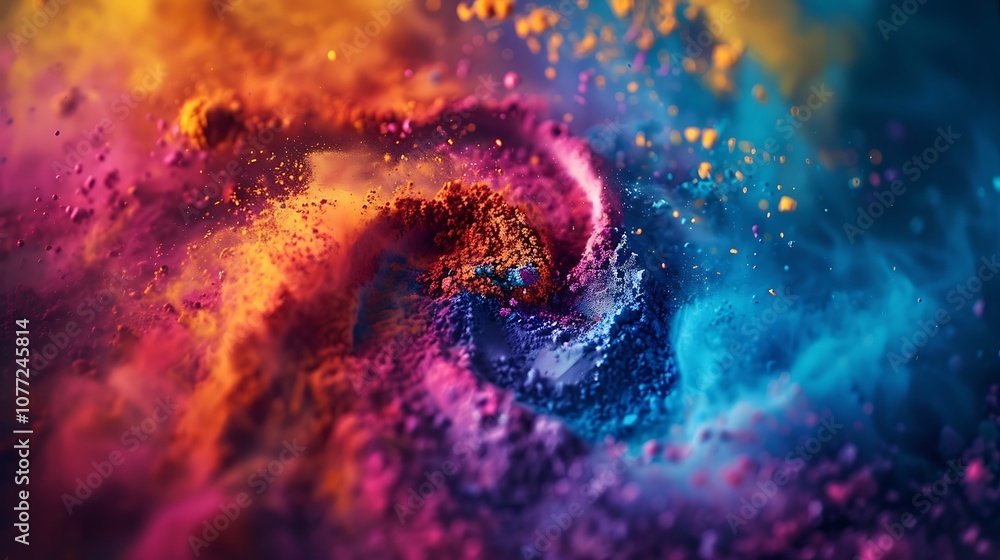 Fototapeta premium A dramatic close-up of Holi powders being mixed together, creating a swirling blend of colors.
