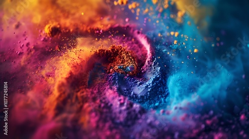 A dramatic close-up of Holi powders being mixed together, creating a swirling blend of colors.