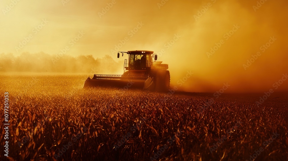 Fototapeta premium Combine Harvester in a Field at Sunset