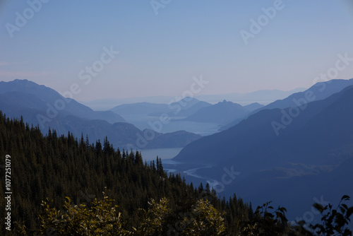 Howe Sound ocean fjord and blue misty mountains