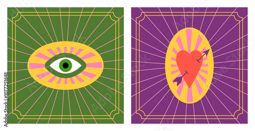 Playful Retro Mystical Colorful Cards with Heart and Eye. Square Tarot cards vibe. Simple shapes, gambling. Funny geometric patterns. love mood. Magic Design elements for collage. Vibrant aesthetics