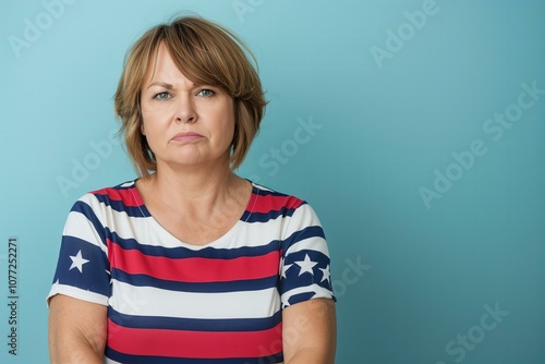 photo angry forty year old woman mid sized with a bob hair cut with highlights wearing a stars and stripes tshirt, pastel blue background, studio shot, Karen photo