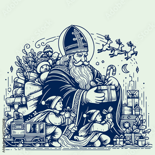 Saint Nicholas gives gifts to children. Happy Saint Nicholas Day