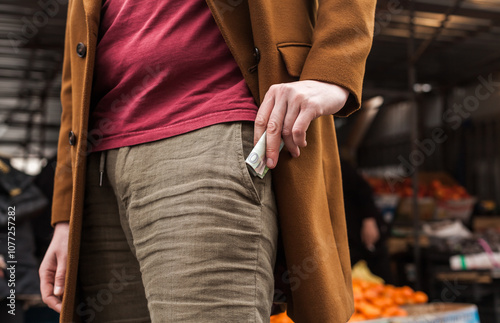 money lifestyle images at farmers market with fruits vegetables greens and nuts a man paying with cash with us dollar banknote, coins and georgian lari paper note