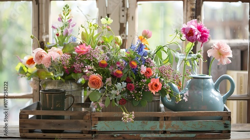 A creative spring flower arrangement using unconventional containers like teapots or old wooden crates, filled with fresh blooms. photo