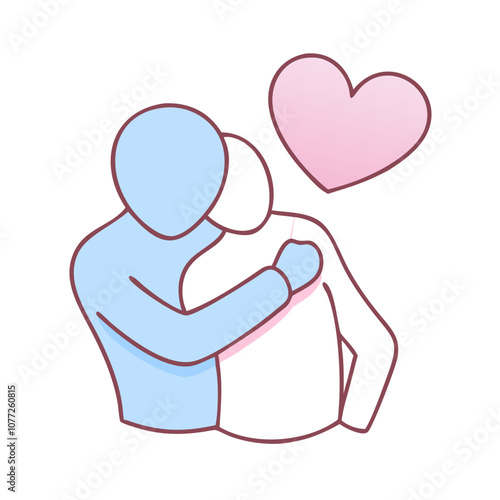 A man and a woman are hugging each other with a heart in the background. Concept of love and affection between the two people