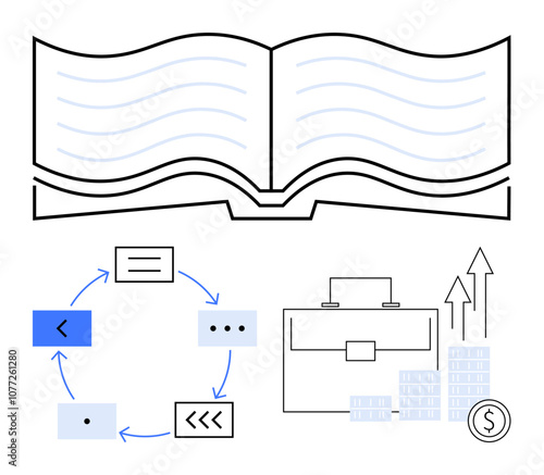 Open book with abstract lines, circular flowchart with steps, briefcase, and financial growth symbols. Ideal for business education, project planning, finance management, economic growth photo