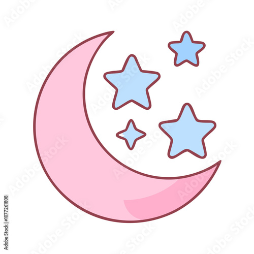 A cute drawing of a pink moon with three blue stars surrounding it. The moon and stars are drawn in a cute, whimsical style, giving the image a playful and lighthearted mood