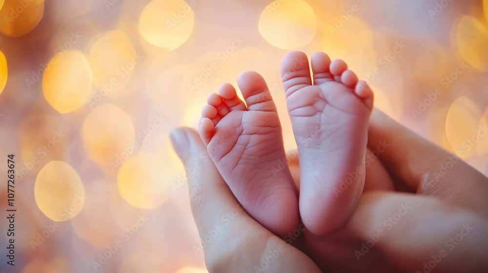 Naklejka premium Tiny baby feet held in loving hands against a backdrop of warm, golden lights.
