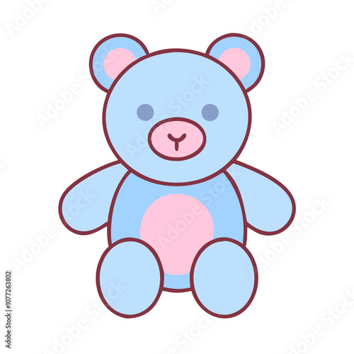 A blue teddy bear with pink ears and a pink nose. It is sitting on a white background