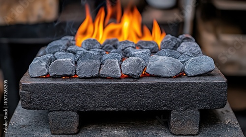 A close-up view of a small charcoal brazier with flames burning brightly.