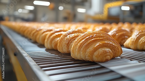 Freshly baked croissants moving on a conveyor belt