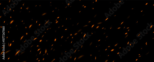 Fire sparks, abstract glowing embers, heat sparkles, flying flame cinder, bokeh fire texture. Vector illustration.