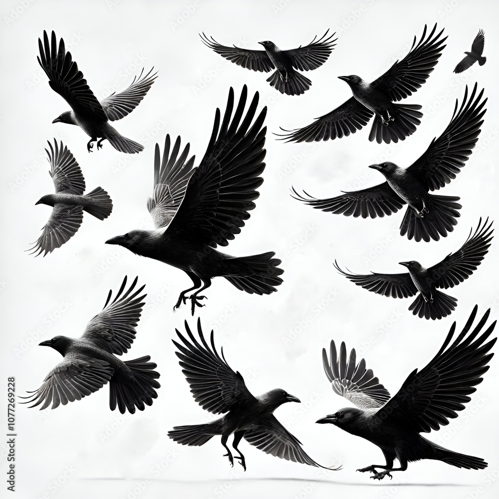 Fototapeta premium Set of silhouettes of birds flying on isolated white background