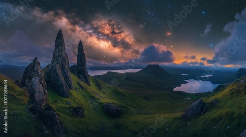 A panoramic view of the night sky, illuminated by a brilliant display of stars and the Milky Way, over the dramatic, rugged landscape of the Scottish Highlands. photo