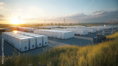 A large battery energy storage system with a setting sun behind it. photo