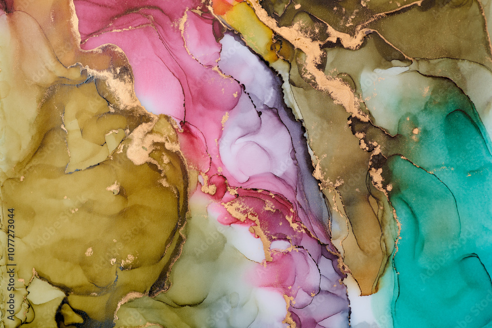Obraz premium Flowing shapes and delicate metallic touches, abstract artwork on together rich tones and golden highlights. The liquid ink technique create fluidity, feeling of depth, beauty