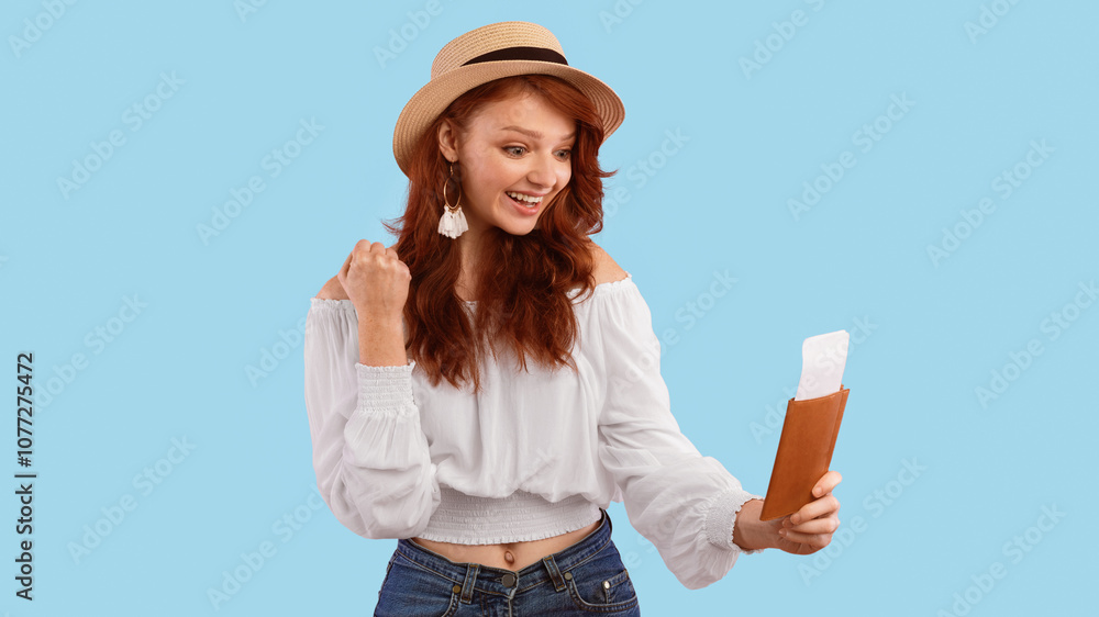 Naklejka premium Excited Tourist Girl Holding Flight Tickets Shaking Fists Posing Over Pink Studio Background. End Of Lockdown. Panorama