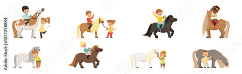 Funny Kids Riding Pony and Care of Their Horses Vector Set