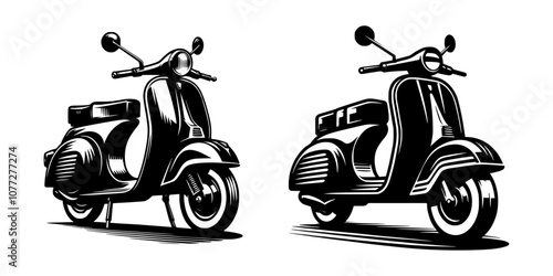 A silhouette vector set of two vintage classic retro scooters, isolated on a white background.