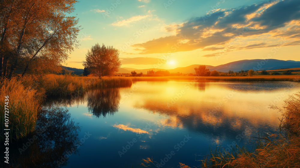 Fototapeta premium Serene autumn sunset over a calm lake with golden reflections and scenic mountains