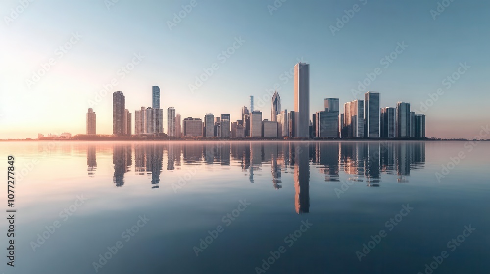 Fototapeta premium Chicago skyline by Lake Michigan, modern skyscrapers reflecting in water, clear sunny day