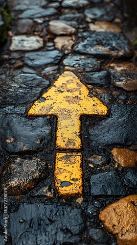 Yellow Arrow on Wet Cobblestone Path