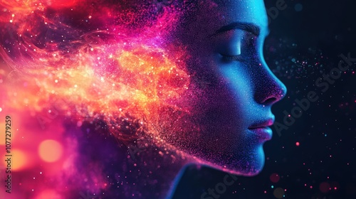 A woman's profile with her hair ablaze in a vibrant mix of red, orange, pink, and blue.