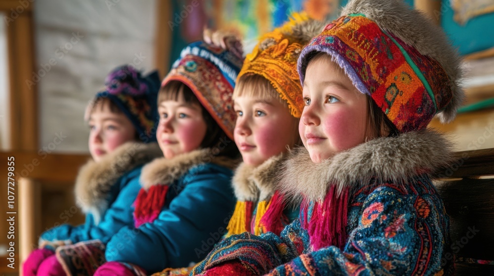 Fototapeta premium Yakutian children in classroom, learning about culture, colorful traditional decor