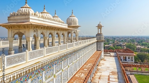 A panoramic view of the white marble walls of the Mehrangarh Fort in Jodhpur, Rajasthan, India. The walls are decorated with intricate carvings and are topped with a series of domes. photo